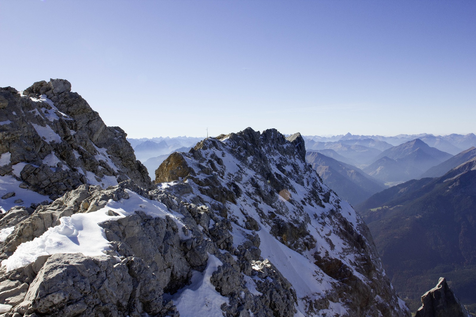 Snowy upper view from the Zugspitze, close to summit